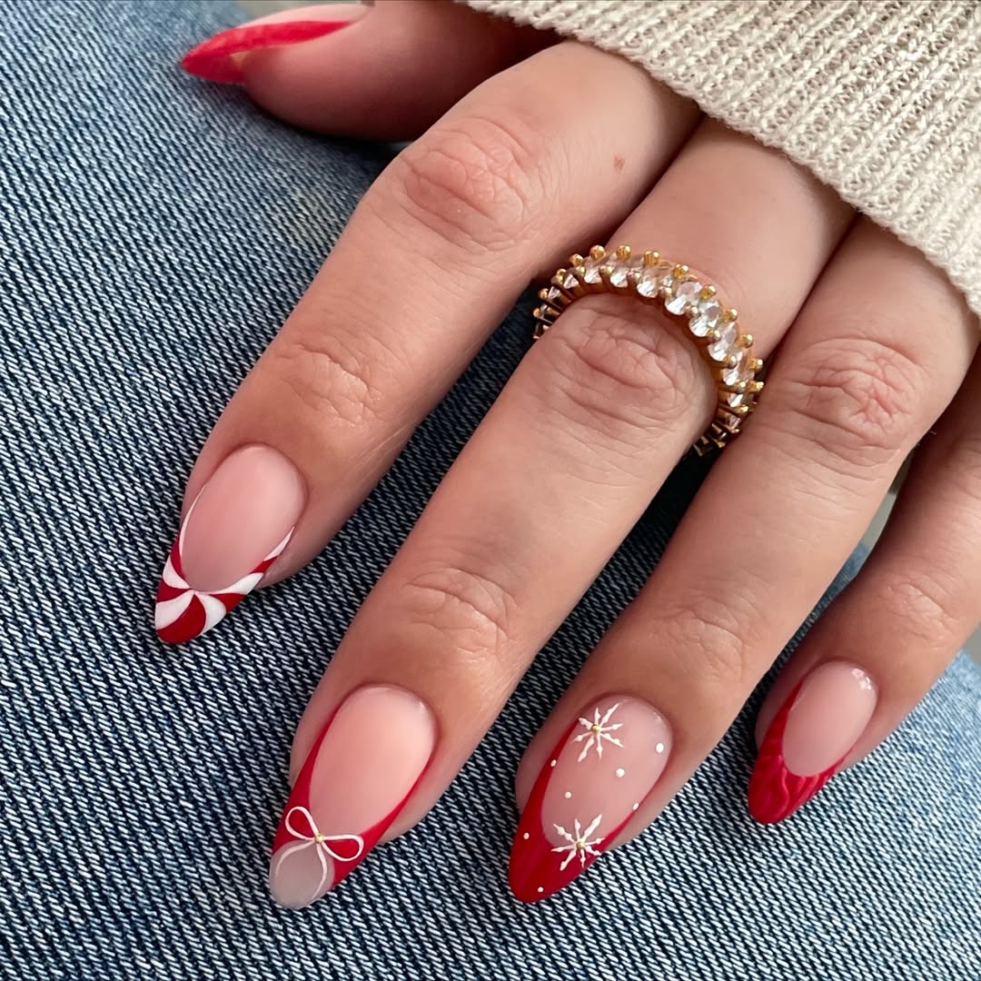 Red French Tip Snowflake Medium Almond Nails Red French Tip Snowflake Medium Almond Nails — Christmas Nails