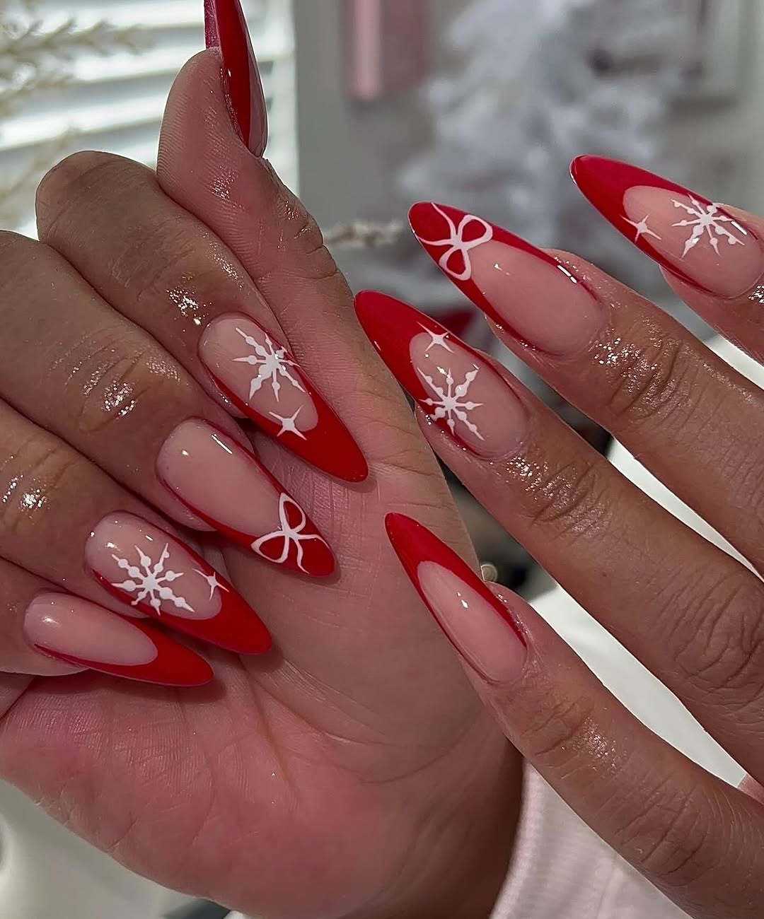 Red French Tip Snowflake Long Stiletto Nails, Close-Up Take Red French Tip Snowflake Long Stiletto Nails, Close-Up Take — Christmas Nails
