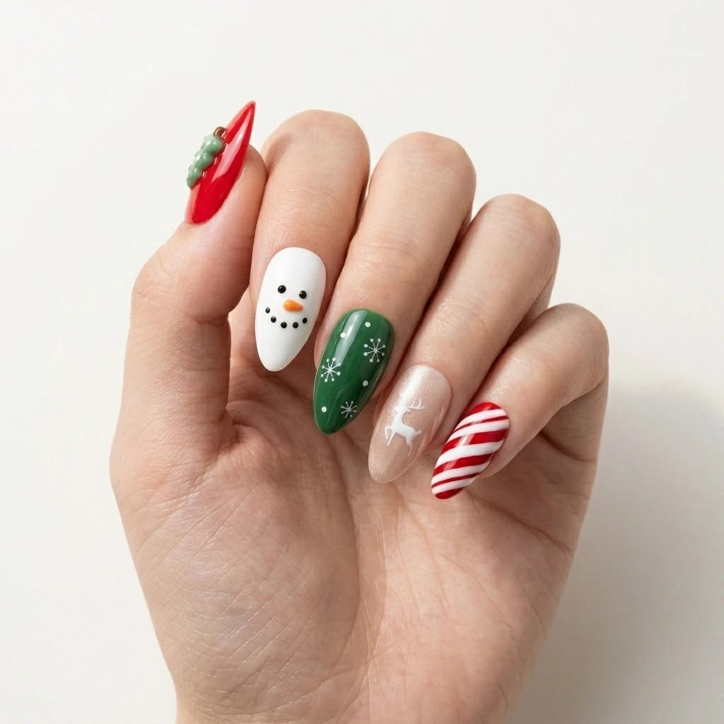 Medium Almond Nails With 3D Christmas Tree and Snowman Medium Almond Nails With 3D Christmas Tree and Snowman — Christmas Nails Green and Red