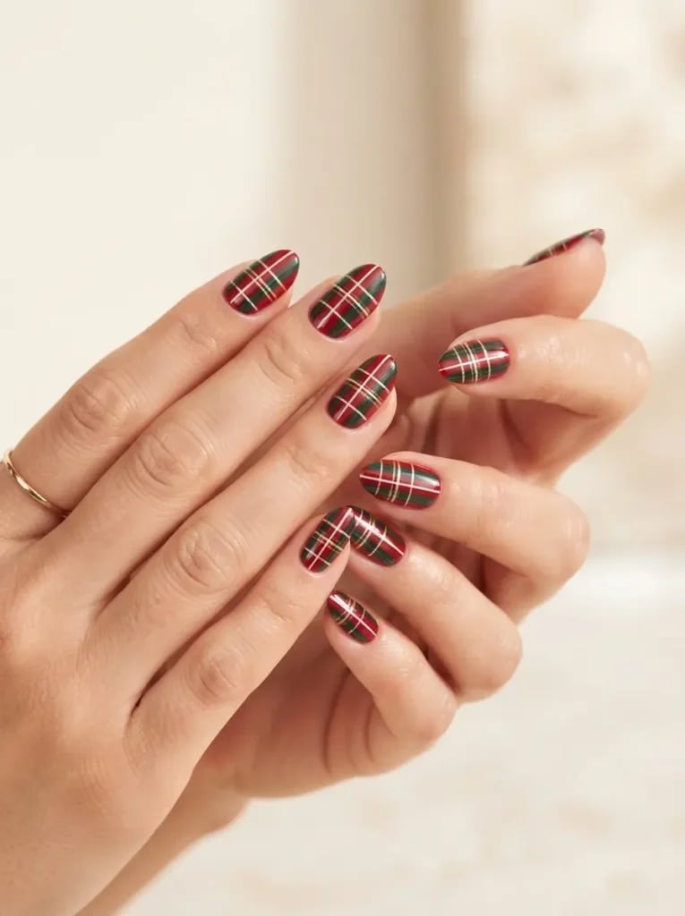 Medium Almond Plaid Nails With Gold Lines Medium Almond Plaid Nails With Gold Lines — Christmas Nails Green and Red