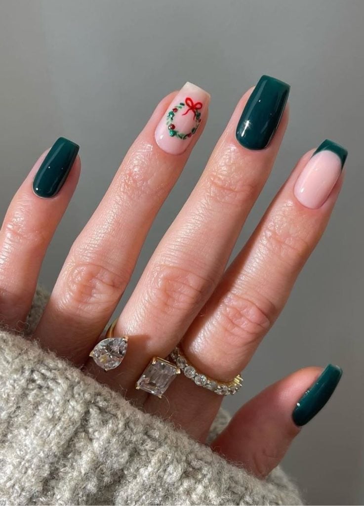Medium Square Green French Tip Nails Medium Square Green French Tip Nails — Christmas Nails Green and Red
