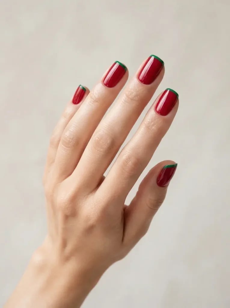 Medium Soft Square Red With Green Tip Line Medium Soft Square Red With Green Tip Line — Christmas Nails Green and Red