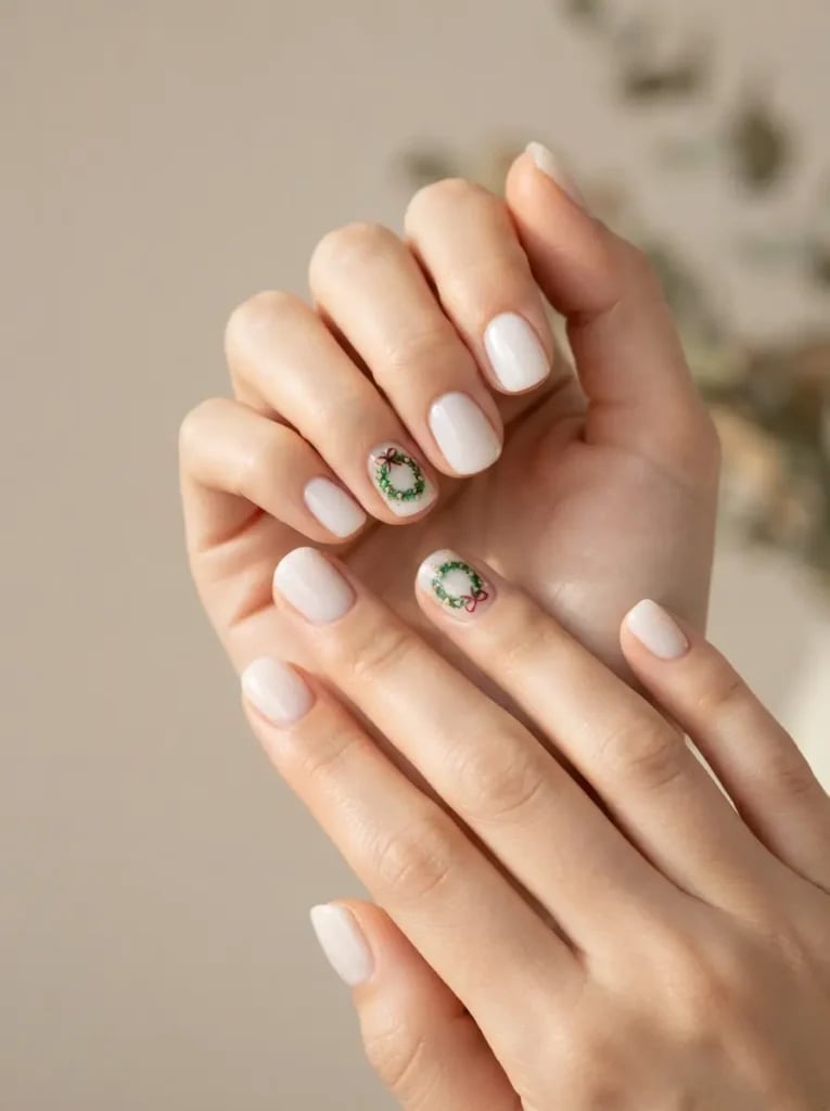 Short Oval White With Green Wreath Accent Short Oval White With Green Wreath Accent — Christmas Nails Green and Red