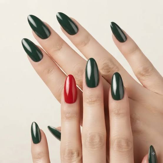 Medium Almond Glossy Green With Red Accent Nail Medium Almond Glossy Green With Red Accent Nail — Christmas Nails Green and Red
