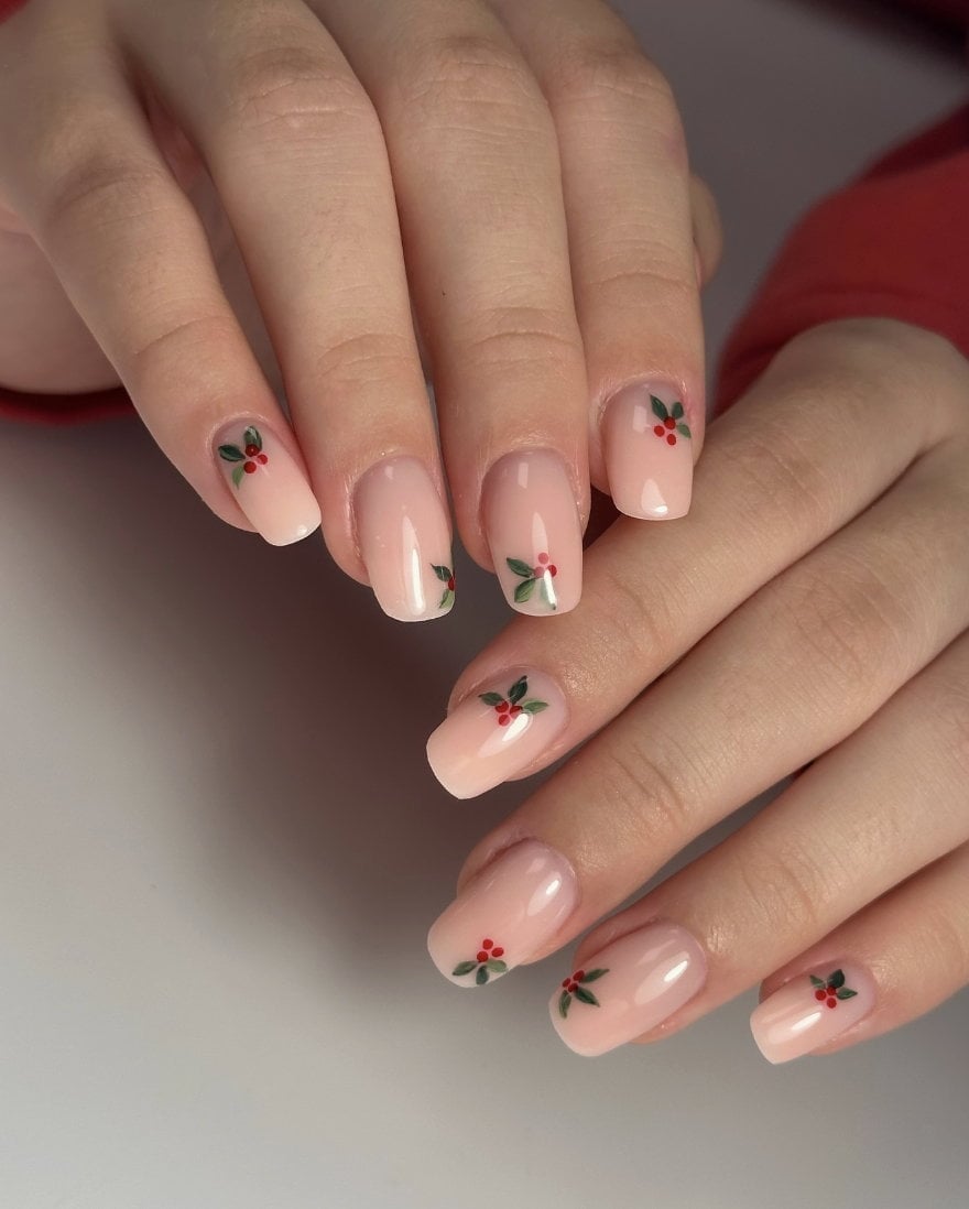 Medium Almond Sheer Nude Holly Accent Nails Medium Almond Sheer Nude Holly Accent Nails — Christmas Nails Green and Red