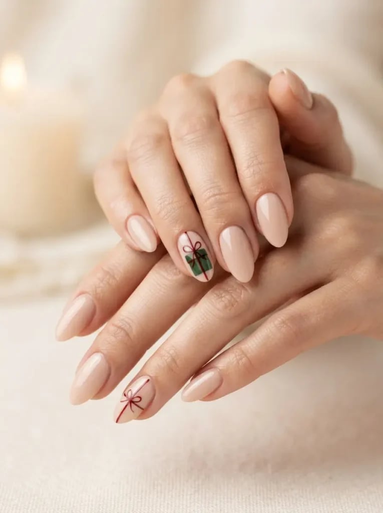 Short Square Pink Base With Ornaments Short Square Pink Base With Ornaments — Christmas Nails Green and Red