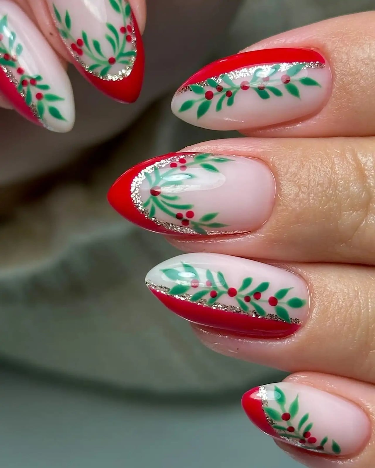 Long Oval Red French Tip With Holly Accents Long Oval Red French Tip With Holly Accents — Christmas Nails Green and Red