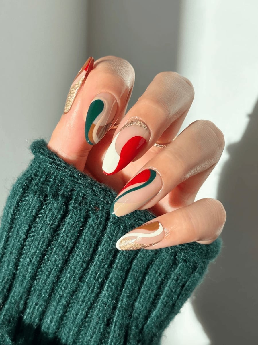 Long Almond Abstract Swirl Nails Long Almond Abstract Swirl Nails — Christmas Nails Green and Red
