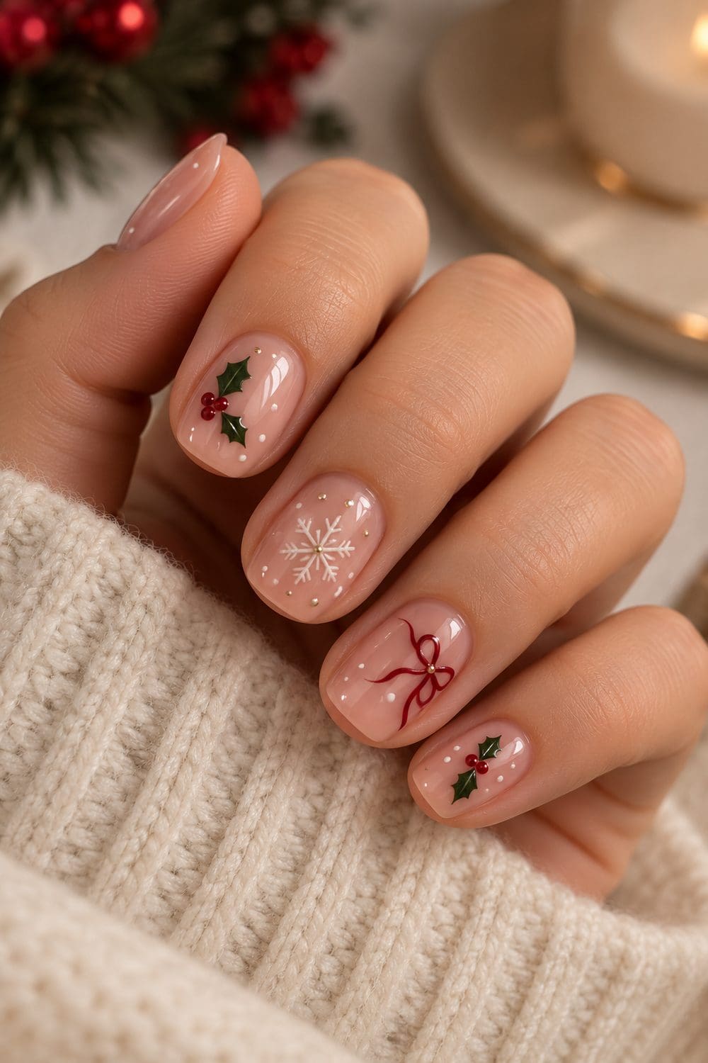 Short Almond Holly And Snowflake Christmas Nails — Christmas Nails Short
