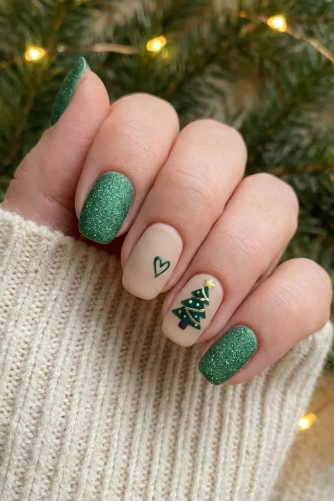 Short Square Matte Beige Glitter Christmas Tree Nails — Christmas Nails Short