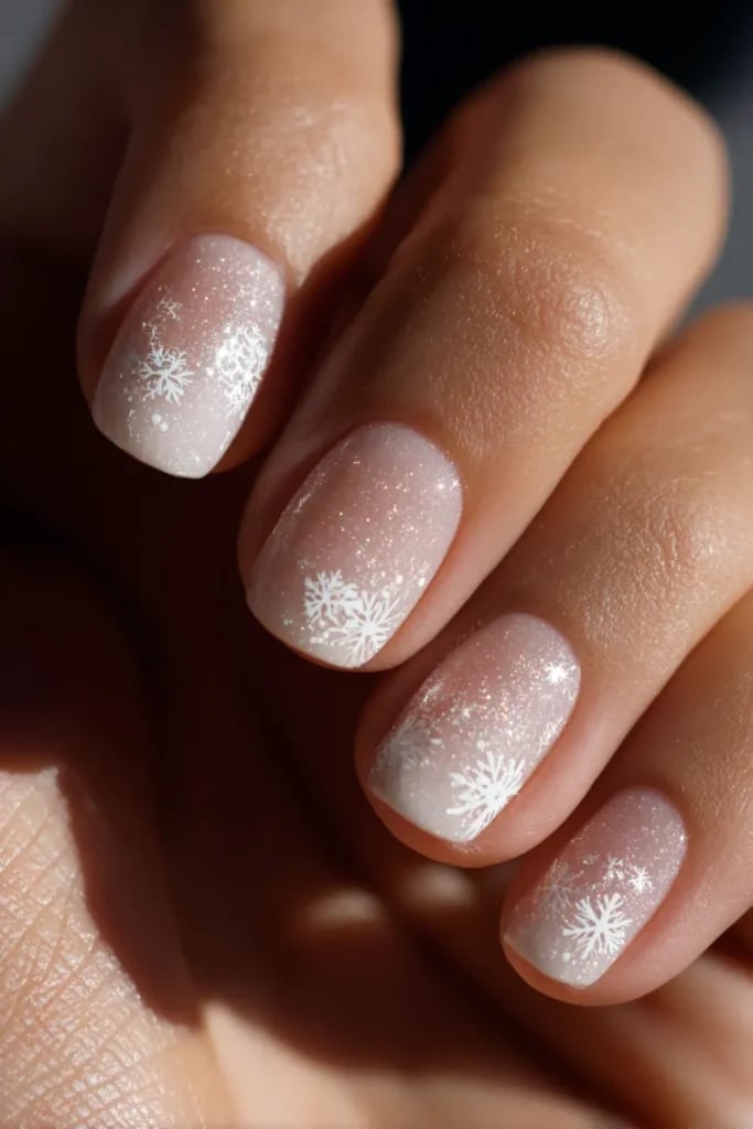 Short Oval White Silver Glitter Ombre Snowflake Nails — Christmas Nails Short