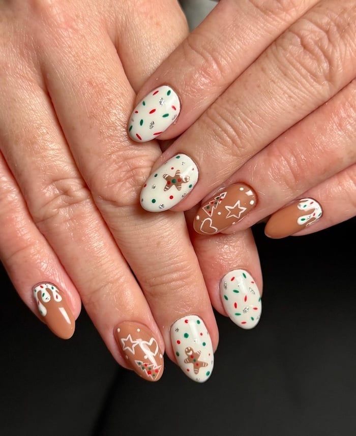 Short Oval White Brown Gingerbread Man Nails — Christmas Nails Short