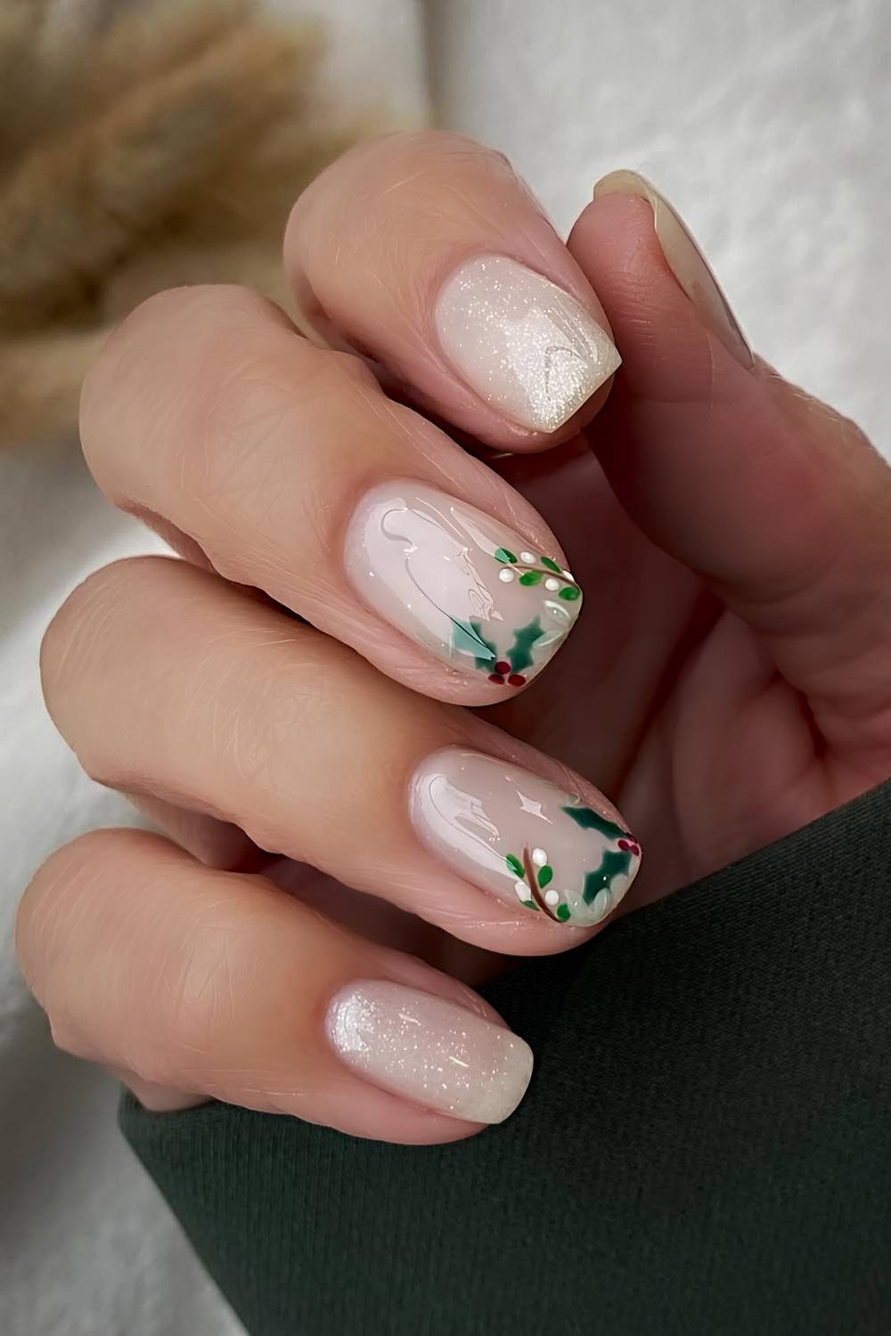 Short Soft Square Shimmer Nude Holly Nails — Christmas Nails Short