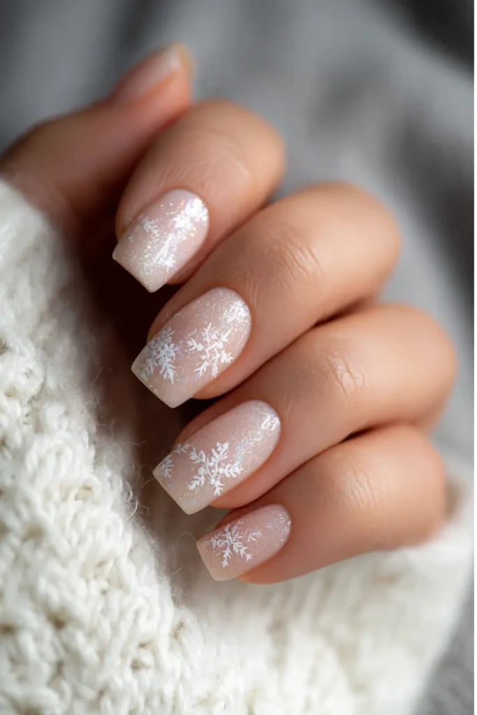 Short Square Sheer Nude Silver Glitter Snowflake Nails — Christmas Nails Short