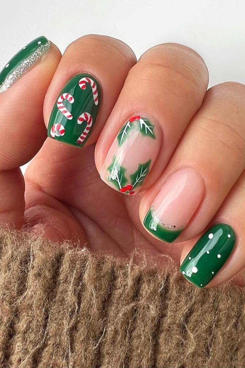 Short Oval Green Polka Dot And Candy Cane Nails — Christmas Nails Short