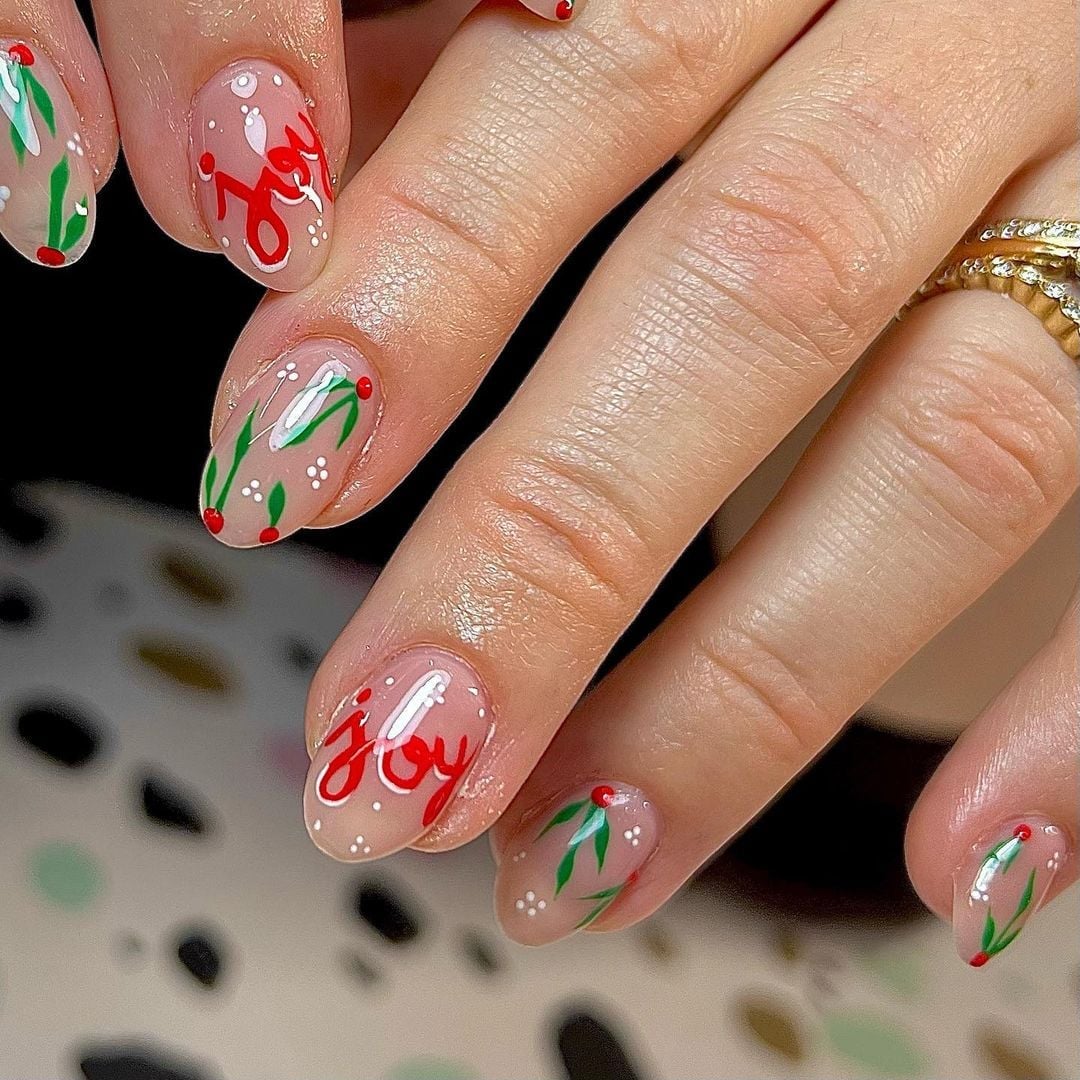 Short Almond Clear Joy Holly Berry Nails — Christmas Nails Short