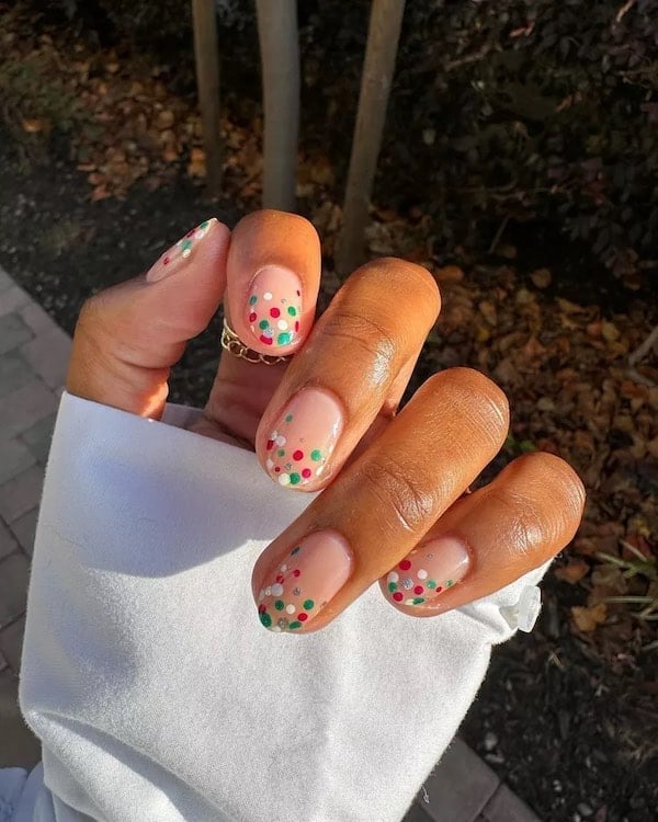 Short Oval Clear Red Green Dot Snowflake Nails — Christmas Nails Short