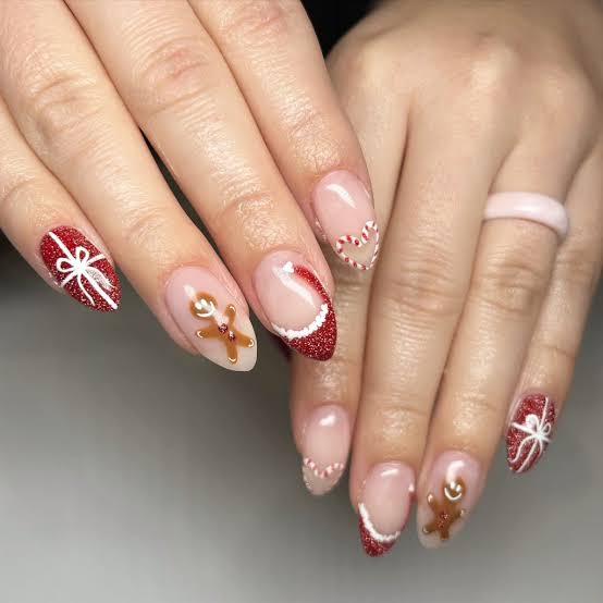 Short Almond Glitter Red French Gingerbread Man Nails — Christmas Nails Short