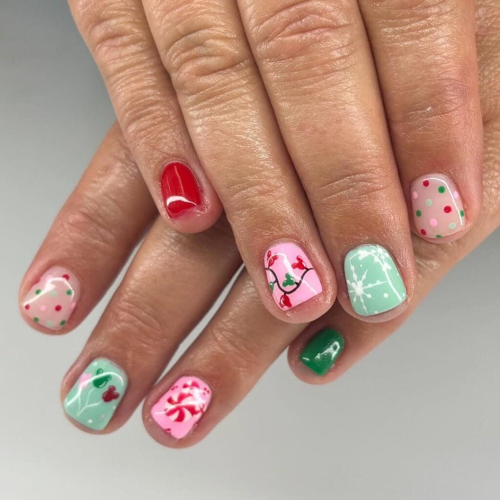 Short Square Pink Mint Green Christmas Lights Nails — Christmas Nails Short