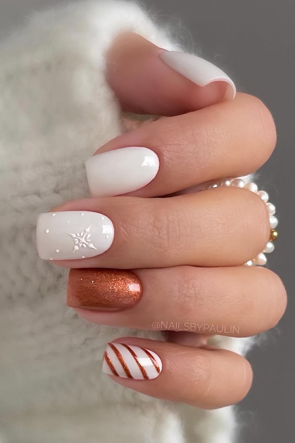 Short Square White Copper Glitter Orange Stripe Nails — Christmas Nails Short