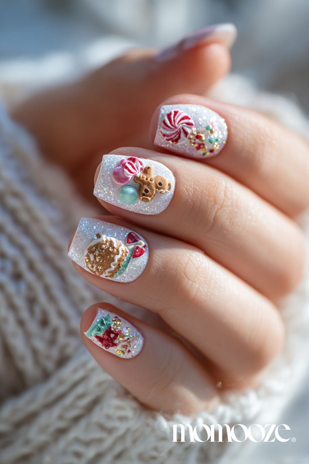 Short Square White Glitter 3D Christmas Nails — Christmas Nails Short