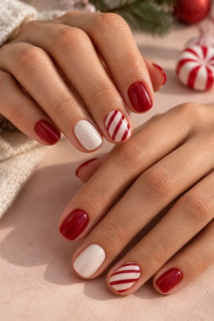 Short Oval Red And White Candy Cane Nails — Christmas Nails Short