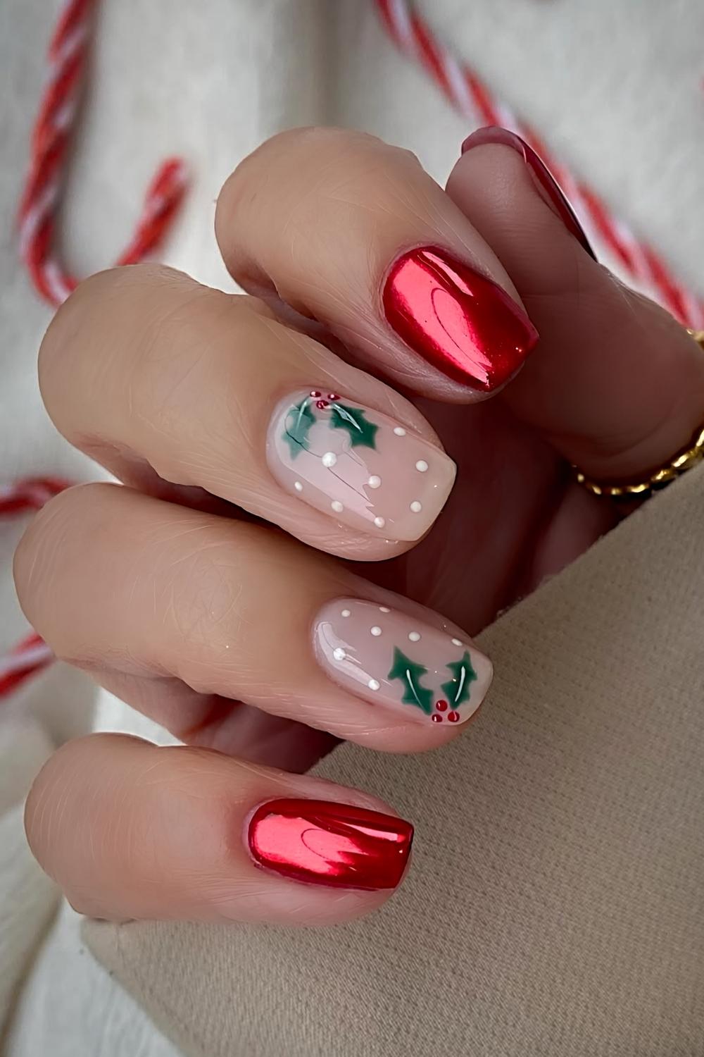 Short Soft Square Red Metallic Holly Nails — Christmas Nails Short
