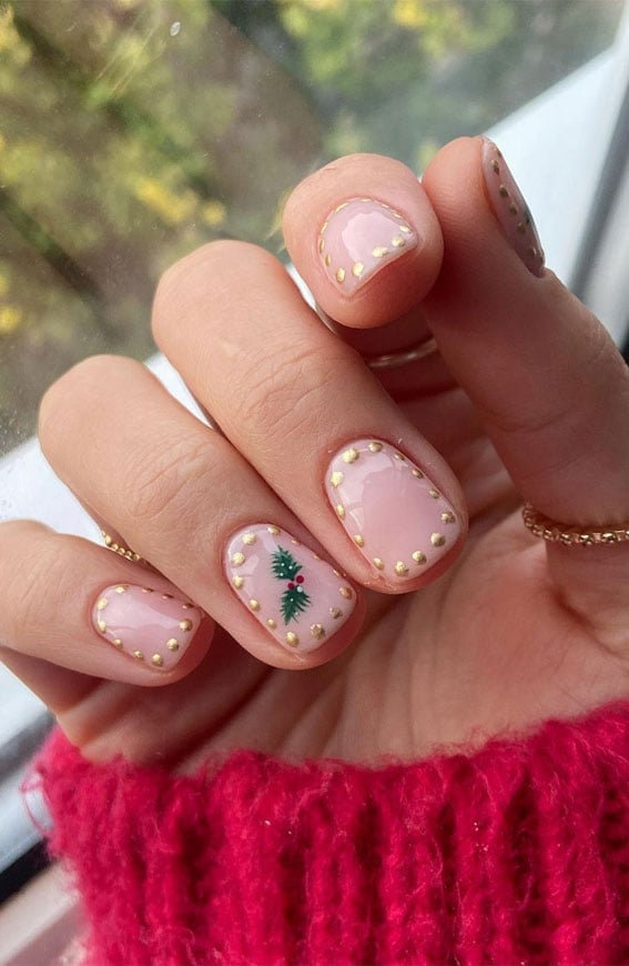 Short Square Pale Pink Gold Dot Holly Nails — Christmas Nails Short
