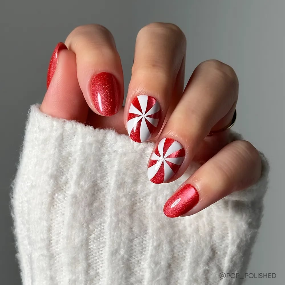 Short Oval Shimmer Red Peppermint Swirl Nails — Christmas Nails Short