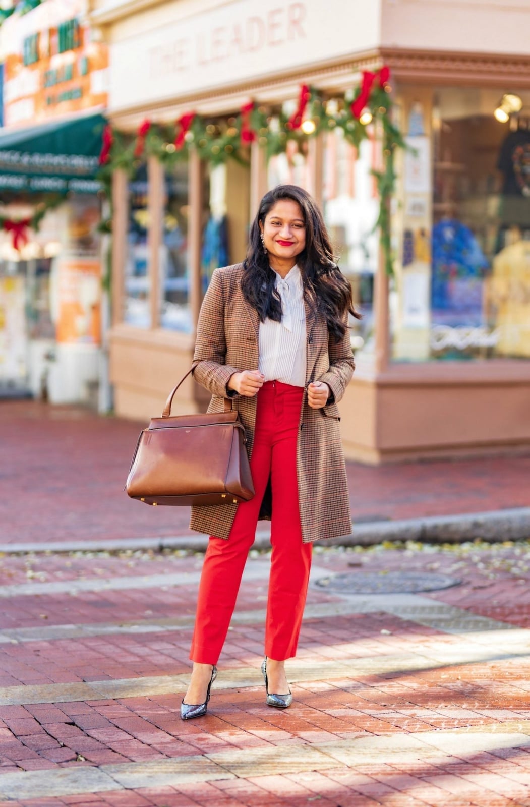 Red Trousers With Plaid Blazer And White Shirt, Close-Up Take — Christmas Party Outfits Casual