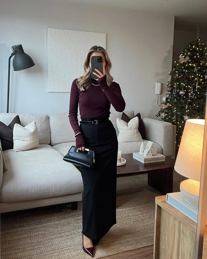 Burgundy Turtleneck With Black Maxi Skirt, Pointed Toe Pumps — Christmas Party Outfits Casual
