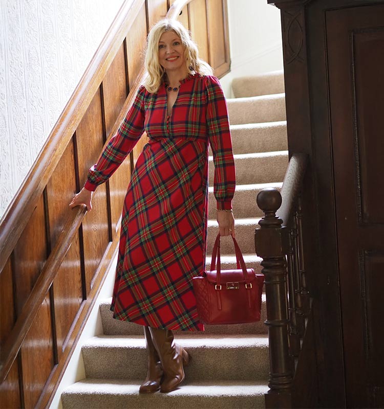 Tartan Midi Dress With Brown Boots — Christmas Party Outfits Casual