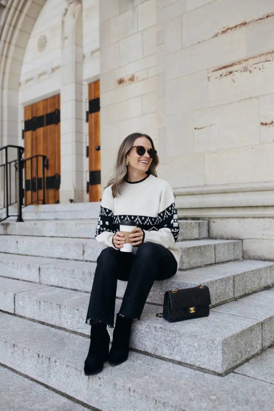 Fair Isle Sweater With Black Jeans And Ankle Boots — Christmas Party Outfits Casual