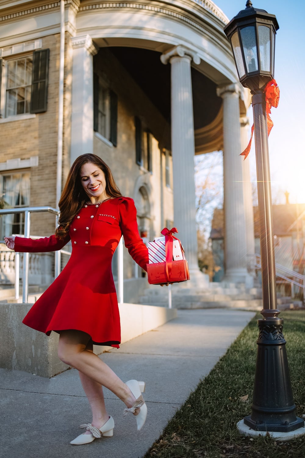 Red Fit-And-Flare Dress With Bow Flats — Christmas Party Outfits Casual