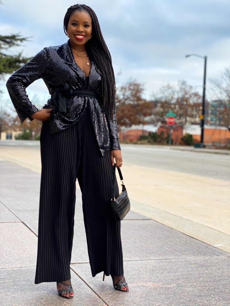 Black Sequin Blazer With Wide-Leg Pants — Christmas Party Outfits Casual