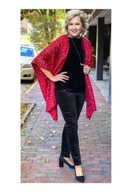 Black Velvet Trousers With Red Patterned Wrap — Christmas Party Outfits Casual