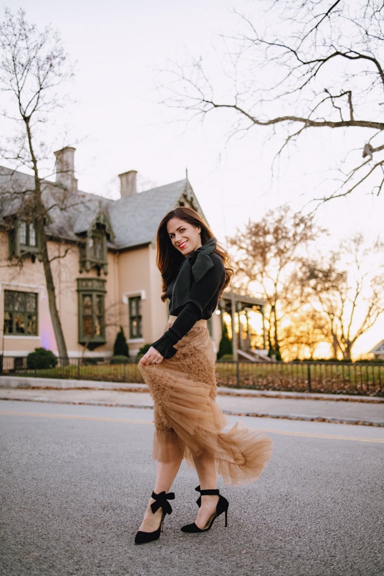 Black Top With Tan Tulle Skirt — Christmas Party Outfits Casual