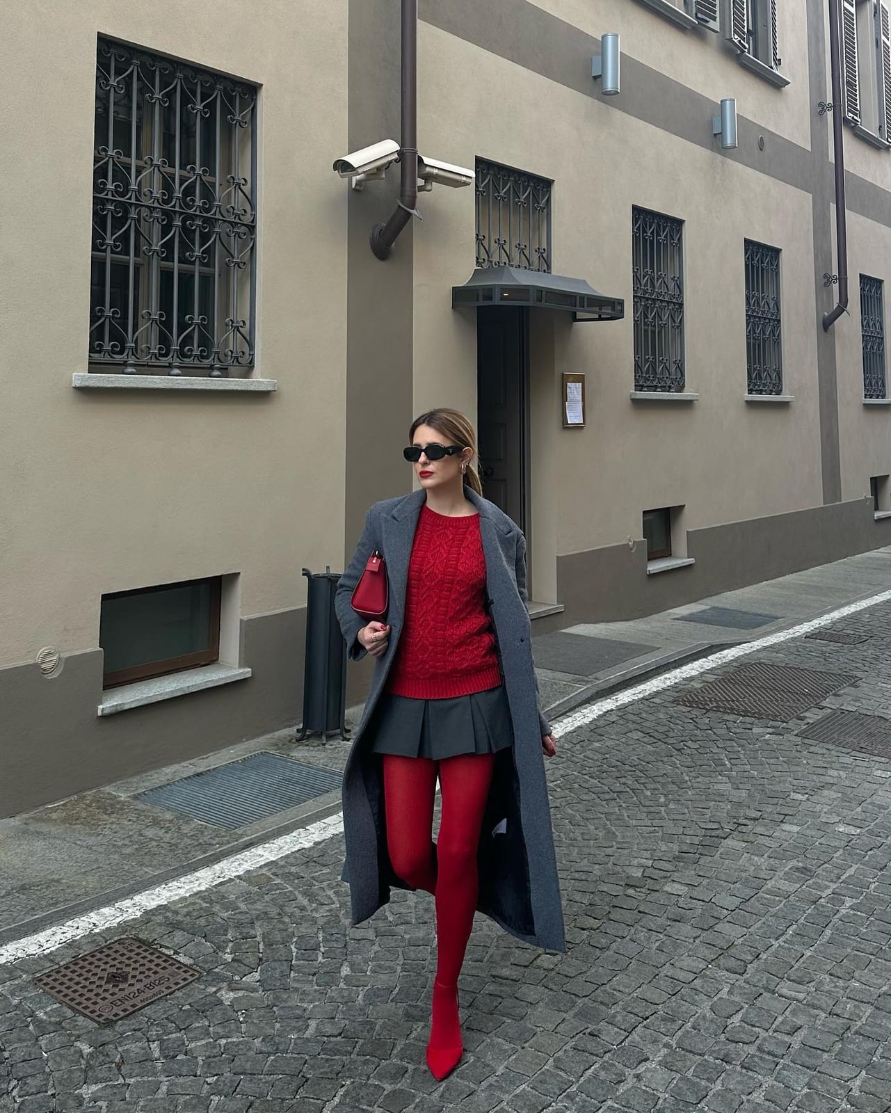 Red Tights With Gray Coat And Skirt For Holiday Flair — Christmas Party Outfits Casual