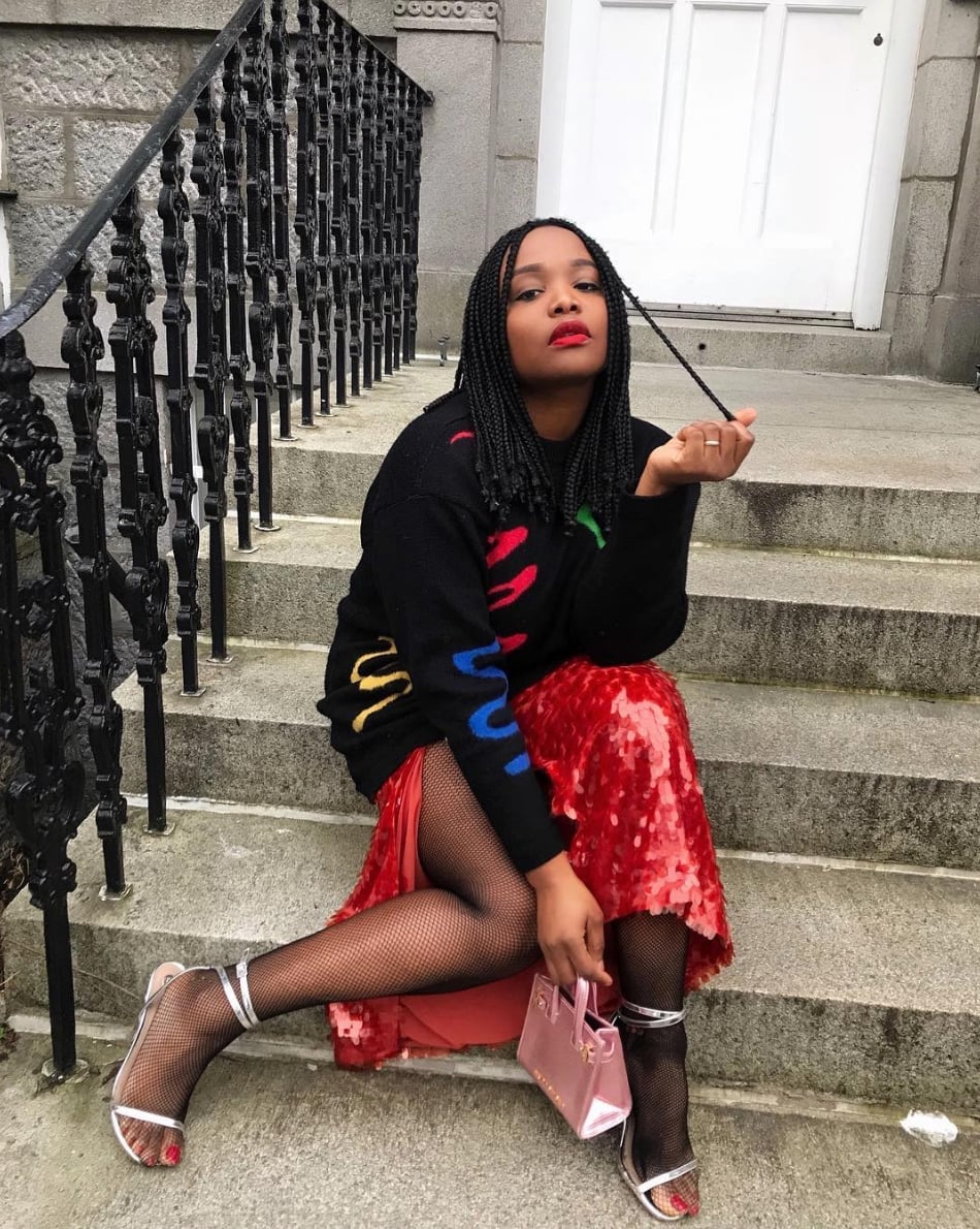 Graphic Sweater Over Slip Dress With Sequin Skirt — Christmas Party Outfits Casual