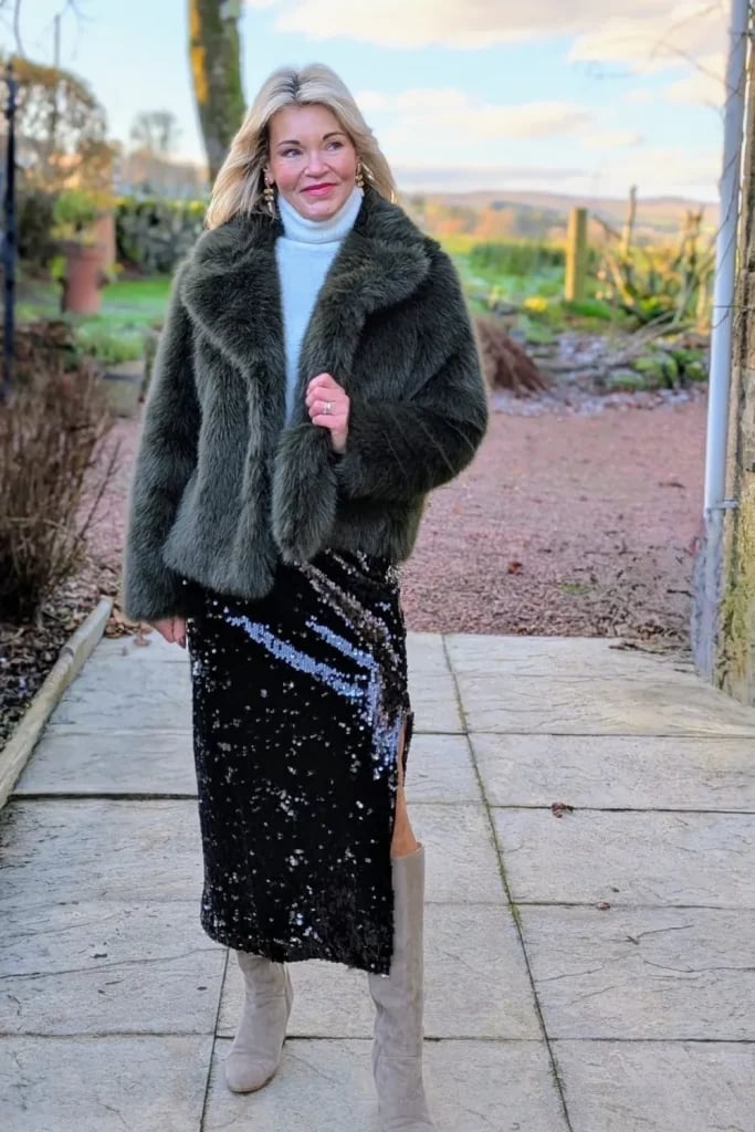 Green Faux Fur Jacket Over Sequin Skirt — Christmas Party Outfits Casual