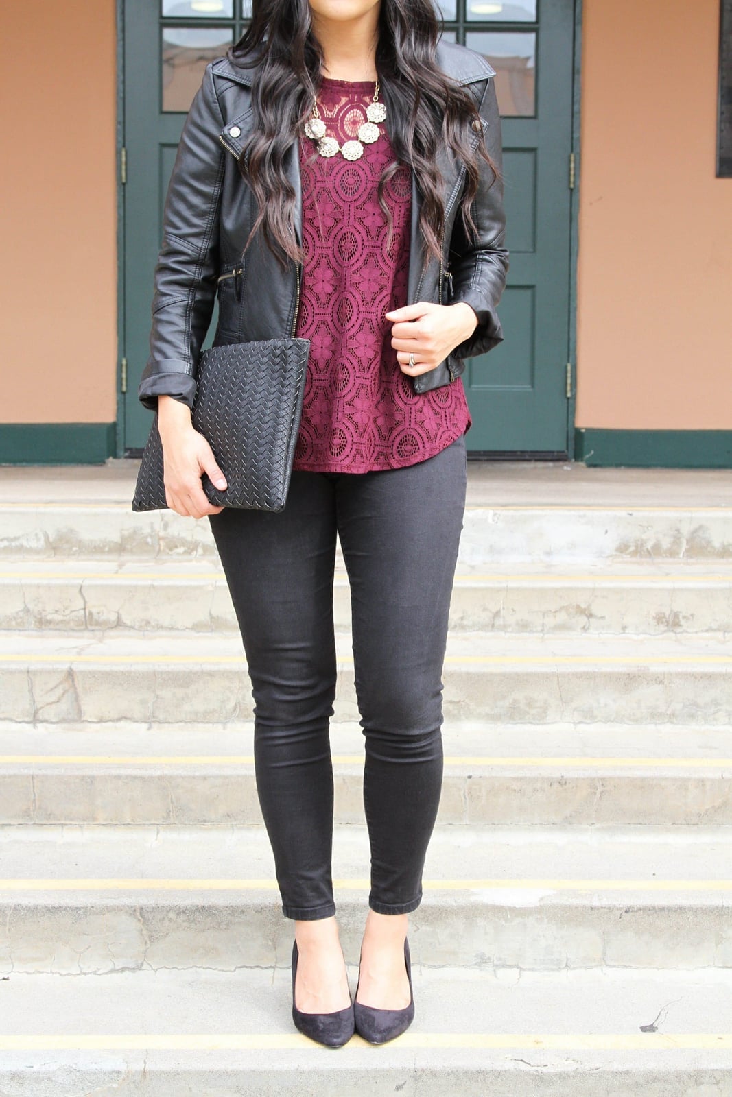 Burgundy Lace Top With Black Leather Jacket — Christmas Party Outfits Casual