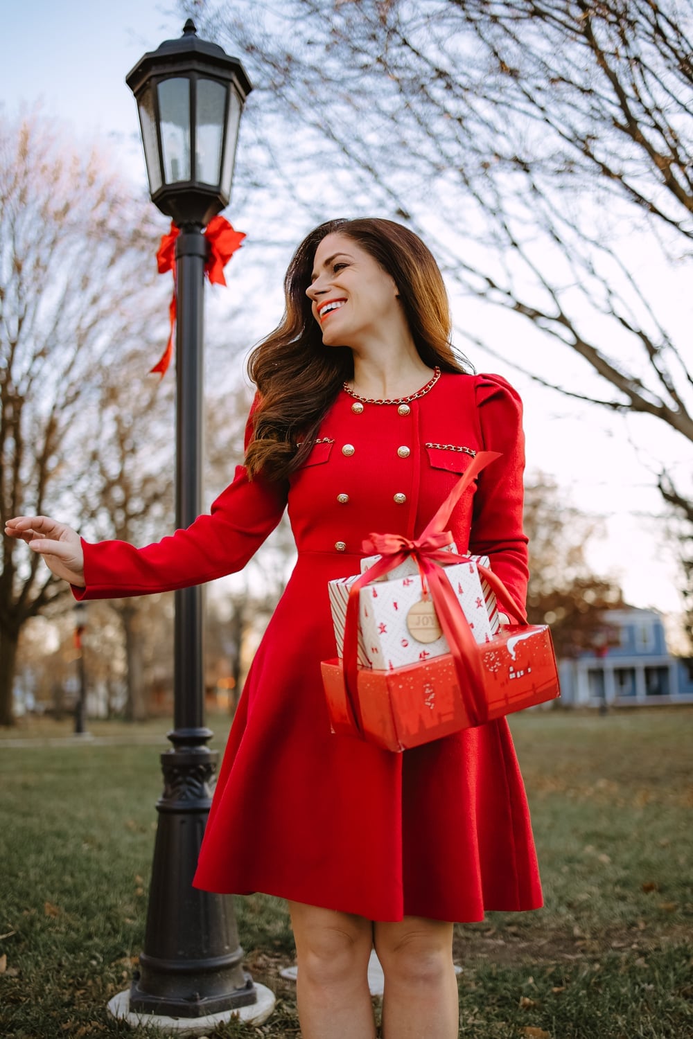 Red Coat Dress With Gold Buttons — Christmas Party Outfits Casual