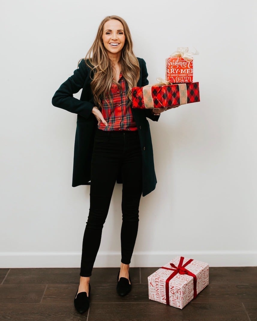 Dark Green Coat Over Plaid Shirt And Skinny Jeans — Christmas Party Outfits Casual