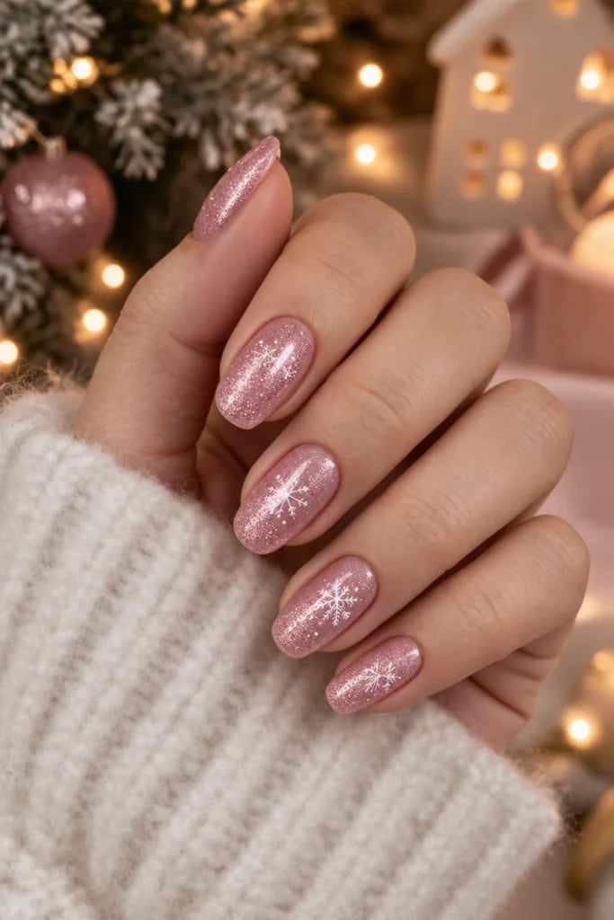 Short Oval Pale Pink Glitter Snowflakes — Christmas Pink Nails