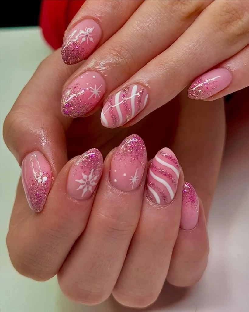 Medium Almond Glitter Stripes And Snowflakes — Christmas Pink Nails