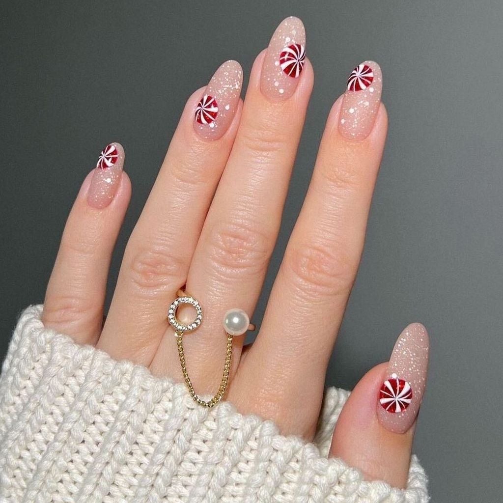 Medium Almond Candy Cane Nails — Christmas Pink Nails