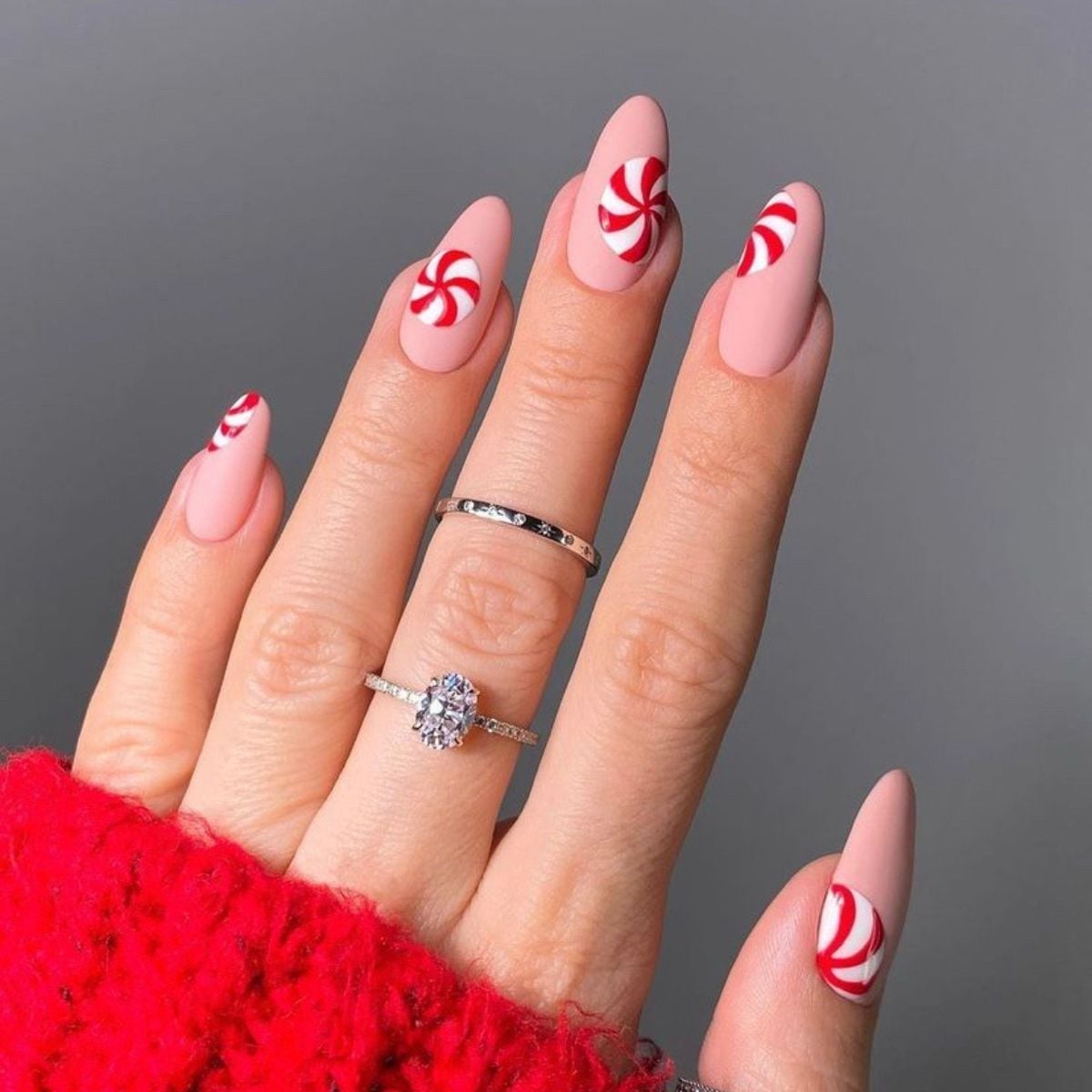 Medium Almond Matte Glitter Candy Canes — Christmas Pink Nails