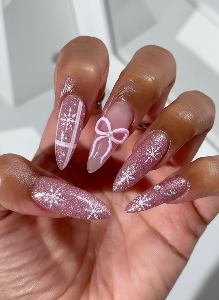 Medium Almond Dusty Pink Glitter Bow Nails — Christmas Pink Nails