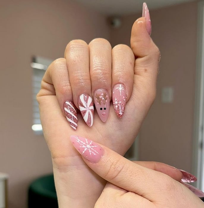 Medium Almond Pink Swirl Christmas Nails — Christmas Pink Nails