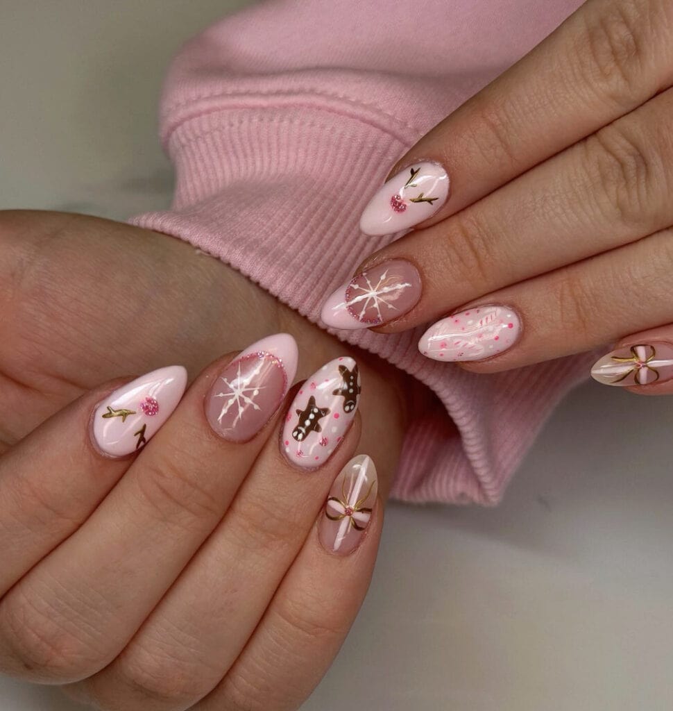 Medium Almond Pink Winter Motifs — Christmas Pink Nails